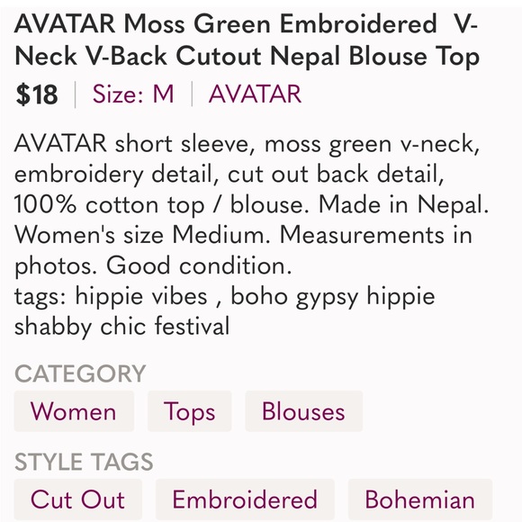 AVATAR Moss Green Embroidered  V-Neck V-Back Cutout Nepal Blouse Top - Picture 7 of 7